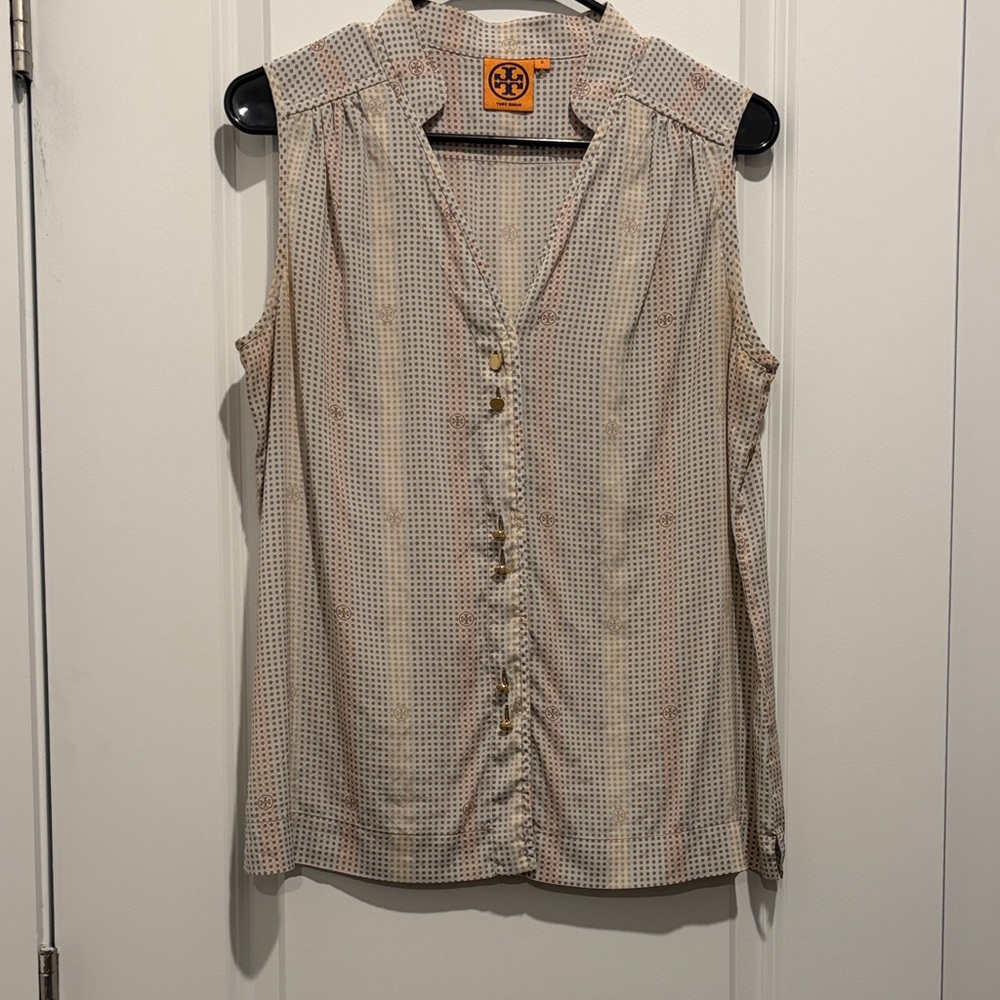 Tory Burch Cream Sleeveless Printed Button-Front Blouse